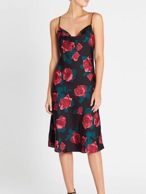 PAIGE Women's Black Slip Dress with Red Rose Print